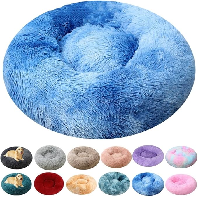 Large Calming Dog Bed, 40 Inch Anti-Anxiety Donut Dog Cuddler Cat Bed, Warming Cozy Soft Dogs Round Bed, Fluffy Faux Fur Machine Washable Pet Cushion for Medium Large Dogs & Cats (Blue White)