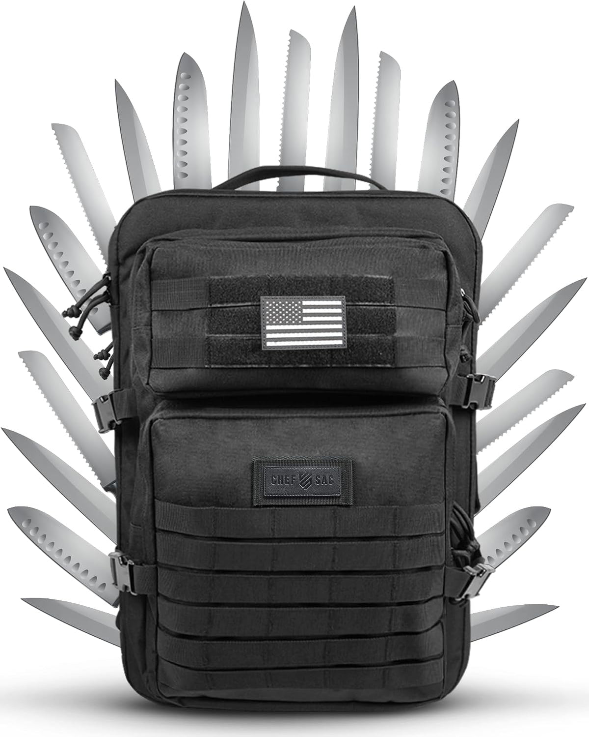 Chef Knife Bag Tactical Backpack XL, 30+ Pocket Knife Carrying Case for Chefs and Culinary Tools, Patented Retention Panels with Hook-and-Loop System, YKK Zippers, Fits 12in Knives