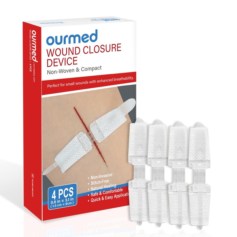 Ourmed Wound Closure Strips(0.6"x 3.1" - 4 Pcs), Butterfly Bandages for Wound Care, Steri Emergency Laceration Closures Without Stitches for Outdoors Use.