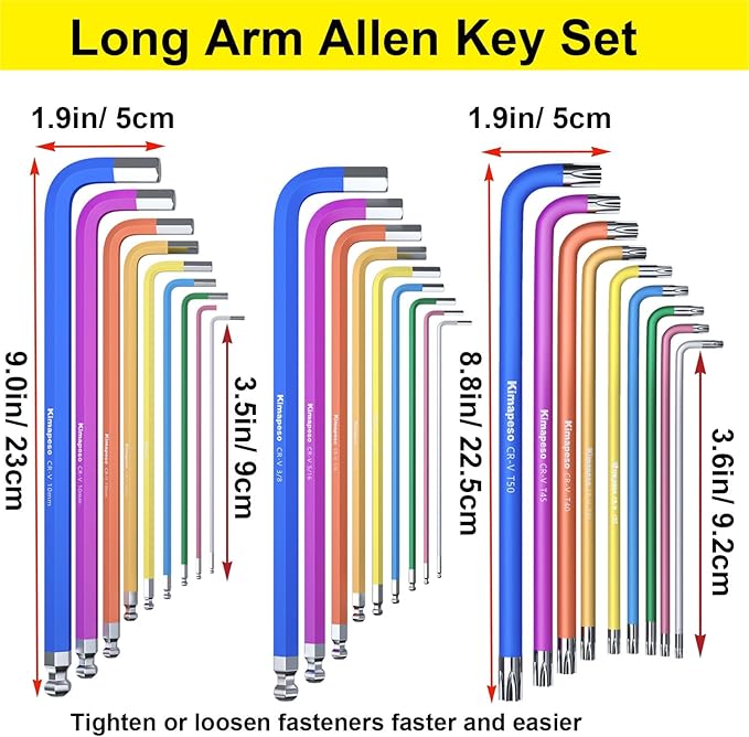 Hex Key Set 27PCS Long Arm Allen Key Set Extra Long Ball End Allen Wrench Set Metric Imperial Torx With T-Handle Metric 1.5mm-10mm, SAE 1/16-3/8, Star Key Set T10-T50