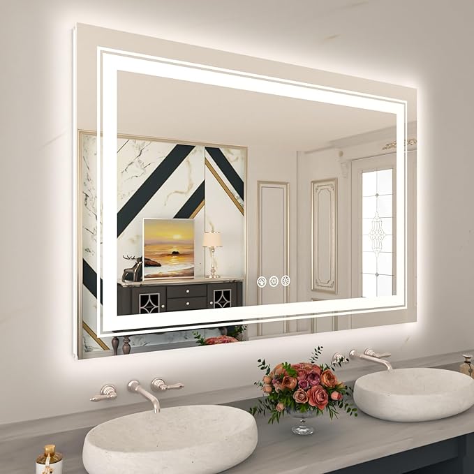 WTTY LED Bathroom Mirror 48"x32" with RGB Backlit and Front Light,Stepless Dimmable LED Mirror for Bathroom,Colored Lighted Bathroom Vanity Mirror,Anti-Fog,Memory Function,Shatter-Proof