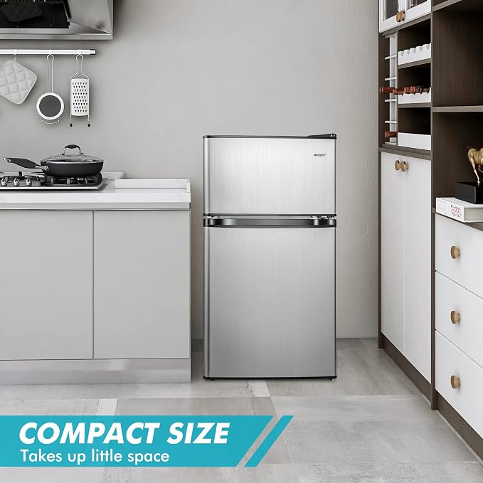 COSTWAY 3.2 Cu.Ft. Mini Fridge with Freezer, 2 Door for Office Bedroom Dorm | Compact Small Refrigerator with Reversible 2 Door, Adjustable Thermostat, Removable Glass Shelves for Food & Drink, Silver