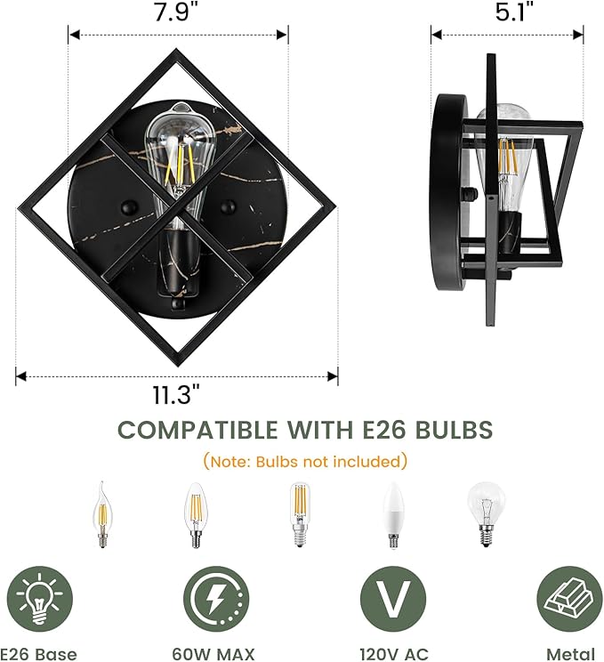 Black Wall Sconces,11.3 in Rustic Wall Sconces Mount Lamp Indoor for Living Room Bedroom Bathroom Stairway(E26 Base, Bulbs Not Include 1Pack) Black Marble Texture
