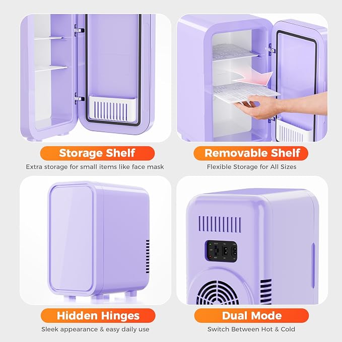 OSTBA Mini Fridge for Skincare, 6 Liter/8 Can 110V AC/DC Portable Thermoelectric Cooler Refrigerators for Bedroom, Skincare, Beverage, Office, Dorm Room and Car, Purple