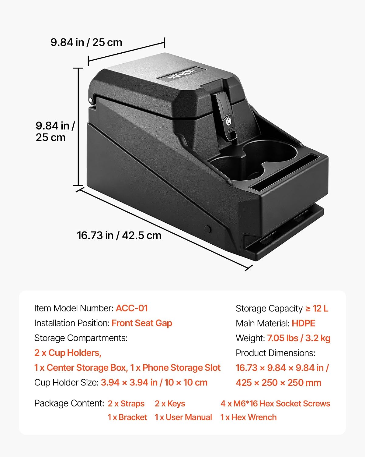 VEVOR UTV Center Console Bench Seat Box Lockable Armrest Storage Box, HDPE Central Console Tools Organizer with Cups and Phone Holder - Compatible with Polaris Ranger & 2017-2026 Can-Am Defender