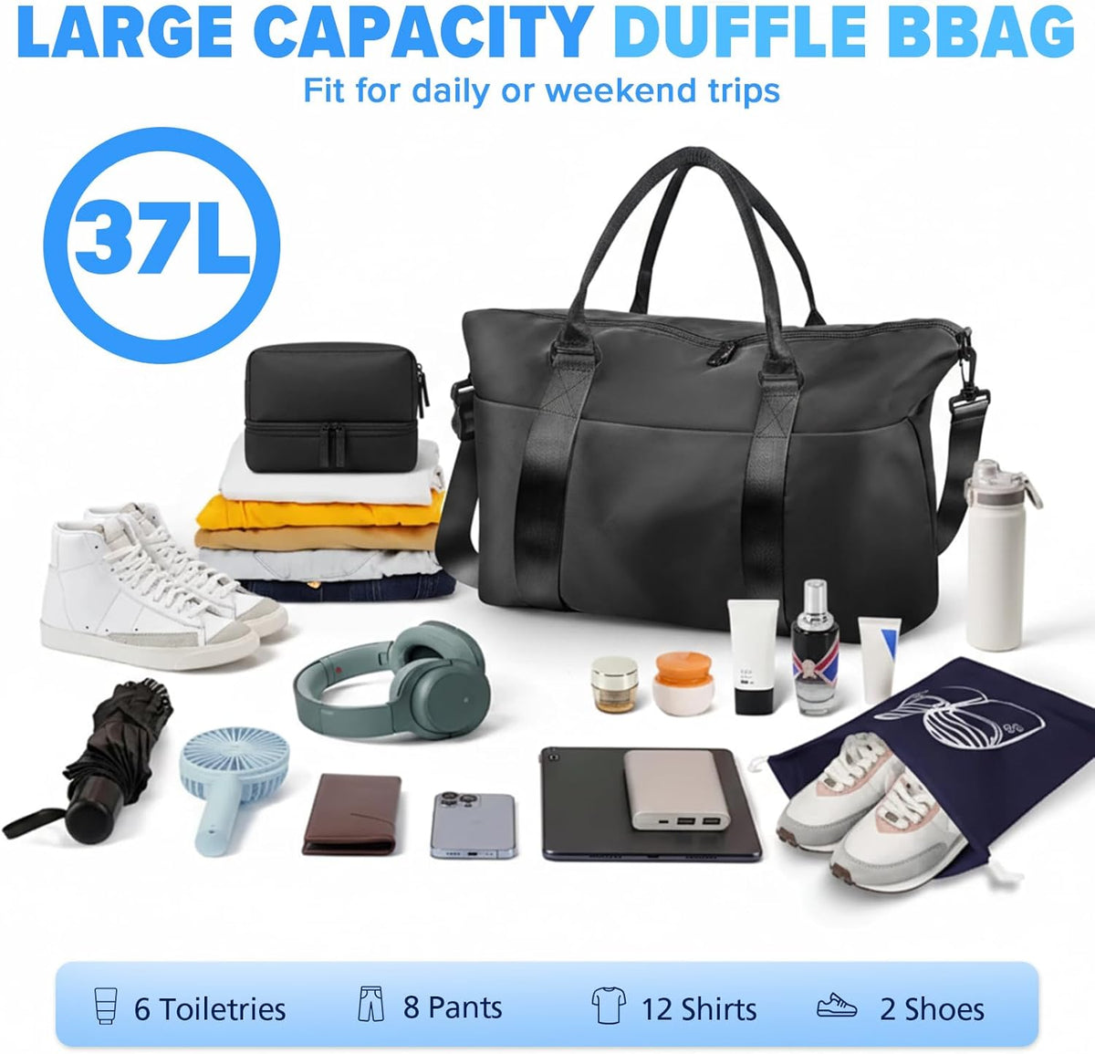 Skiennix Travel Duffle Bag - Versatile Weekender & Gym Bag with Trolley Sleeve | Black