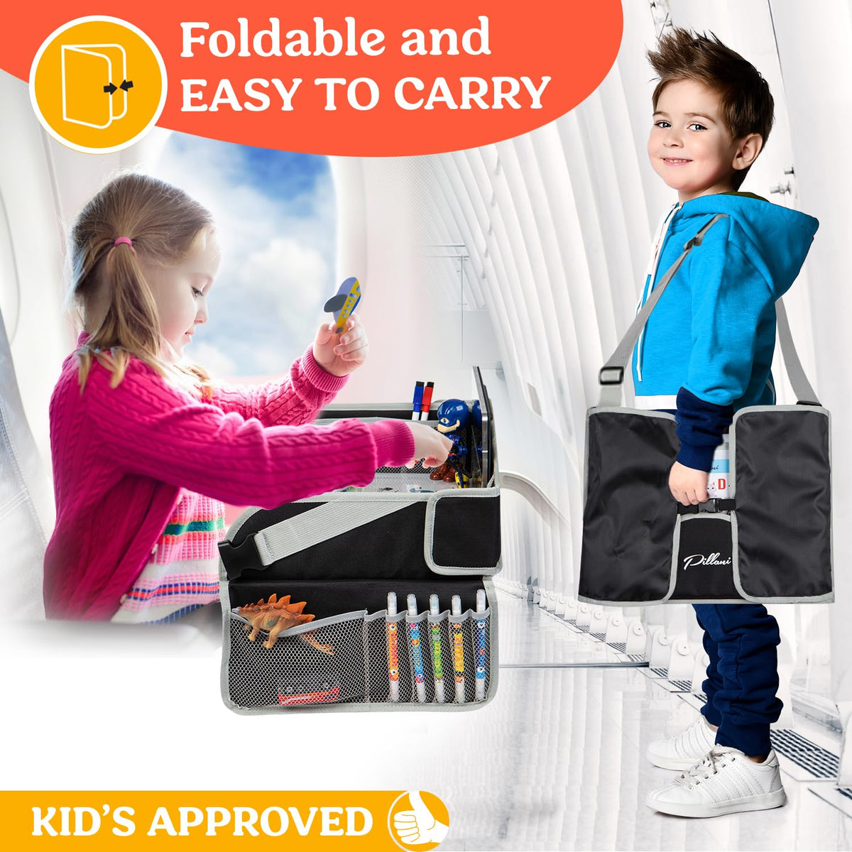 PILLANI Kids Travel Tray for Car - Carseat Tray w/iPad Holder & Dry Erase Board, Road Trip Essentials - Toddler Lap Desk Organizer for Airplane - Roadtrip Activities & Travel Essentials - Pack of 2