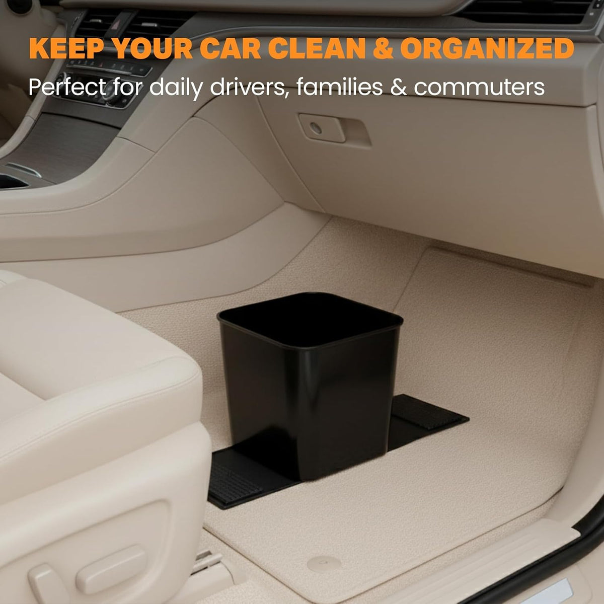Car Trash Can with Stability Wings – Leakproof Portable Garbage Bin for Fabric & Rubber Mats – Compact Durable Plastic Auto Organizer for Cars, SUVs, Trucks (Mocha, Small)