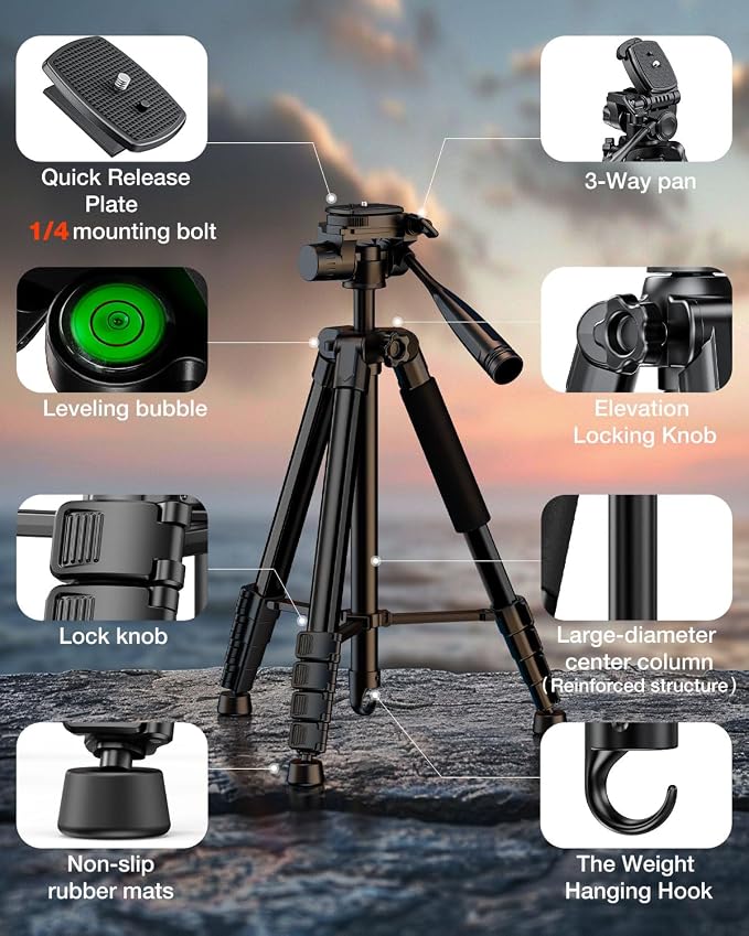 73" Camera Tripod for Camera and Phone, Aluminum Travel Tripod for iPhone