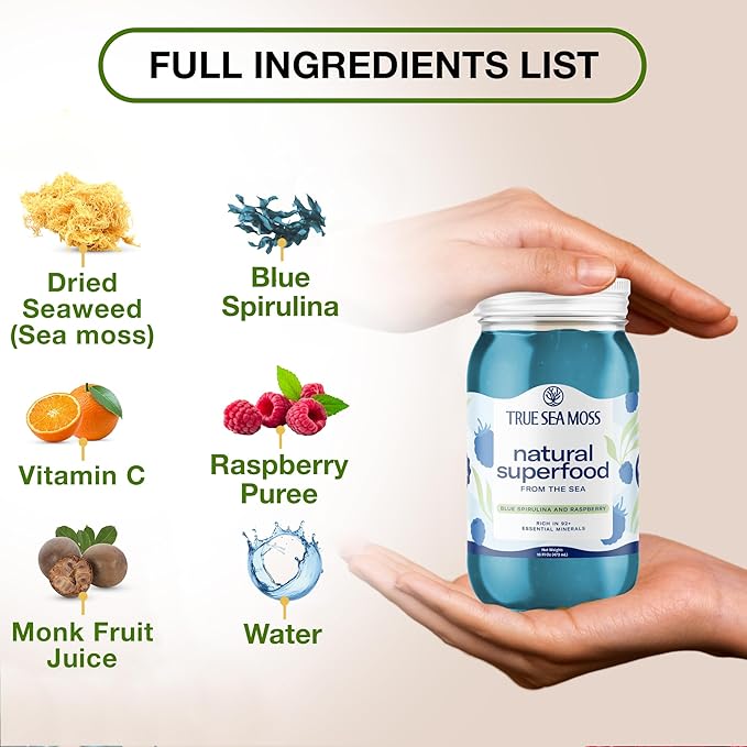 TrueSeaMoss Sea Moss Gel – Made in USA – Wildcrafted Seamoss, Fresh Fruits & Sea Vegetables – Blue Spirulina, Pack of 5 (Labels may Vary)