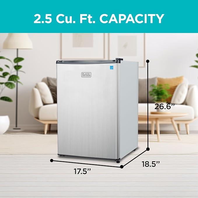 BLACK+DECKER 2.5 Cu. Ft. Compact Refrigerator, BCRK25V, Stainless Look | Energy Star Certified, Single Door Mini Fridge with Chiller Compartment, Personal Fridge for Home or Dorm, R600a Refrigerant