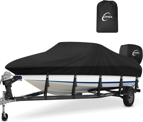 Kipiea 1300D Boat Cover - Heavy Duty Waterproof Protection for V-Hull & Bass Boats | Fits 14'-16' Long X 90" Wide