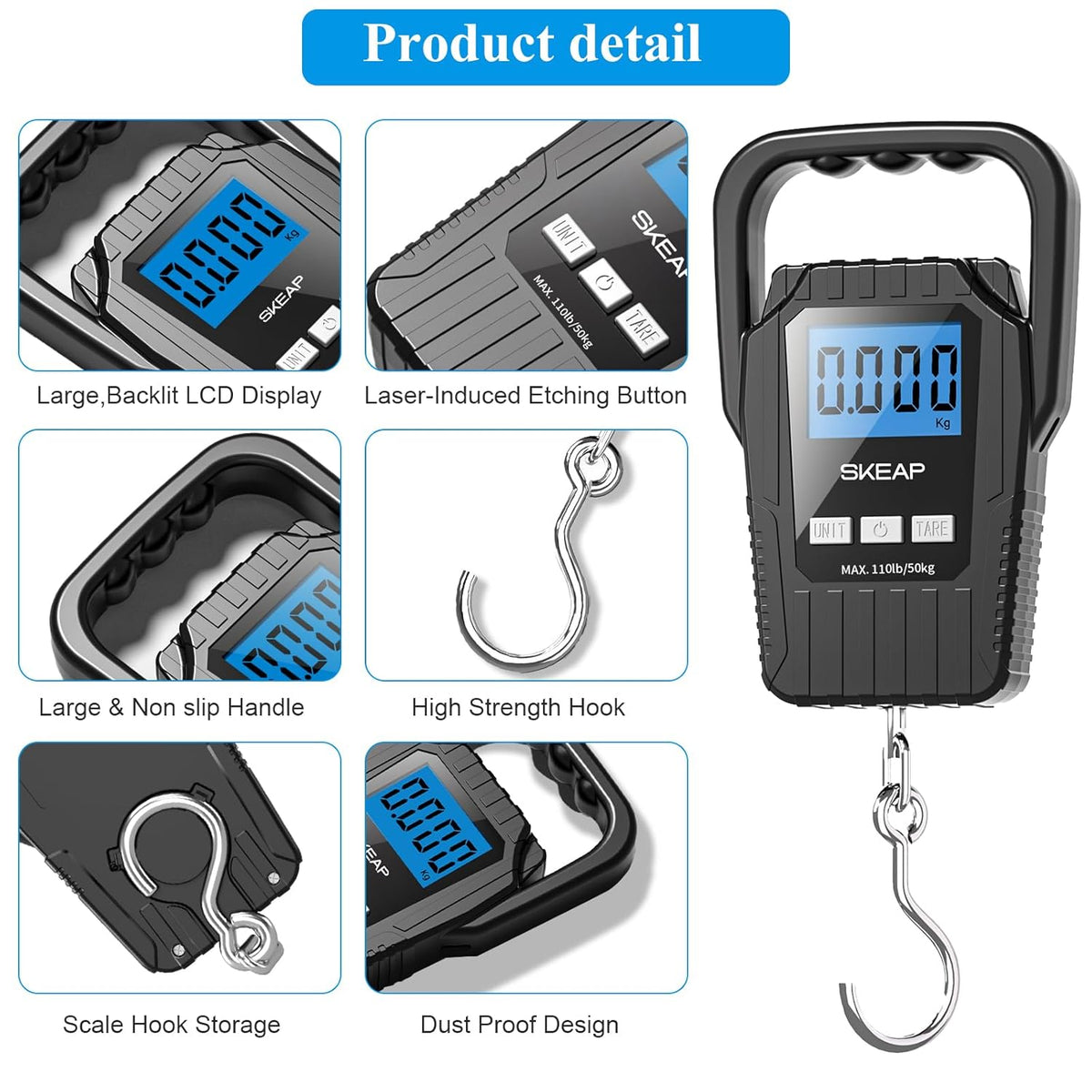 SKEAP Digital Fish Scale - 110lb Capacity | Backlit LCD Display & Large Handle - Black