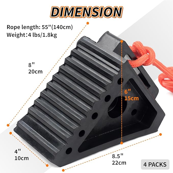 OULEME Premium Rubber Wheel Chocks with Carry Handles, Solid RV Tire Chocks for Camper, Travel Trailer, Trucks or ATV, Stable and Durable, 8.5" x 4" x 6" (4-Pack)