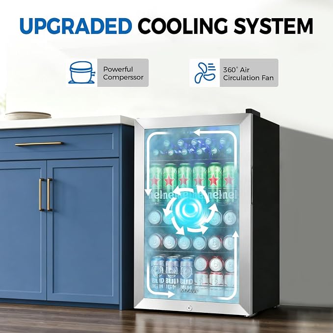 20 Inch Beverage Refrigerator Cooler, 145 Cans Mini Fridge with Glass Door&Lock, Small Drink Cooler Freestanding/Counter-Top for Soda, Beer with LED Light for Home Bar Office - 3.4 Cu.Ft, Silver
