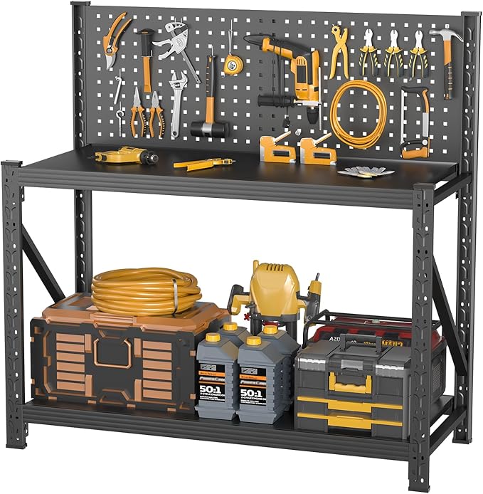 Work Bench with Pegboard,Heavy Duty Workbench Adjustable Shelves,Tool Cart,Work Table for Garage Warehouse47.2 H*47.09" W*19" D