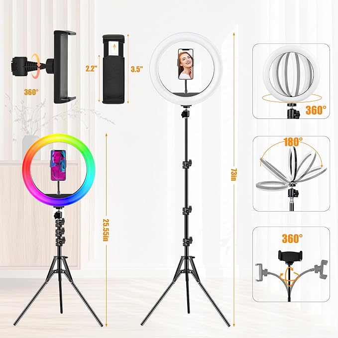 12.3" Ring Light with Stand & Phone Holder Tall 75", 51 Color Modes Circle