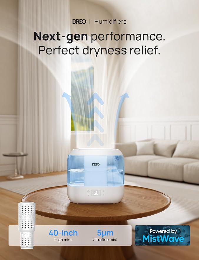 Dreo Smart Humidifiers for Bedroom-Filter Included,Top Fill 4L Humidifier Large Room with 28 dB, 36H Runtime, Touch/APP/Voice Control, Nightlight, Cool Mist Humidifiers for Baby, Plants, Indoor, Blue