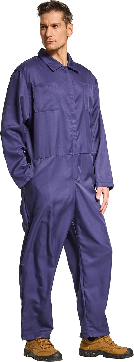 VOGRYE Men's Coverall Jumpsuit - Long Sleeve Work Uniform with Zippered Pockets & Elastic Waist