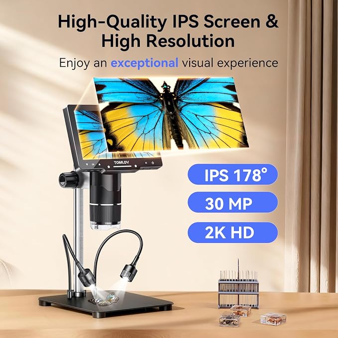 TOMLOV TriL107 3-Lens Digital Microscope: 7" 2500X 2K HD Coin Microscope