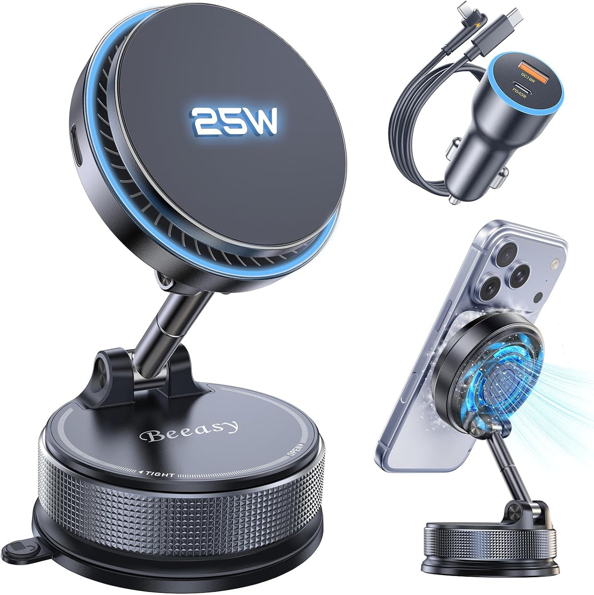 Beeasy 25W Qi2.2 MagSafe Car Mount Charger Built-in Cooling Fan, Upgraded Vacuum Suction Cup 360° Rotation, Magnetic Wireless Car Charger with 63W Adapter for iPhone 17 16 Pro Max Samsung S26 Ultra