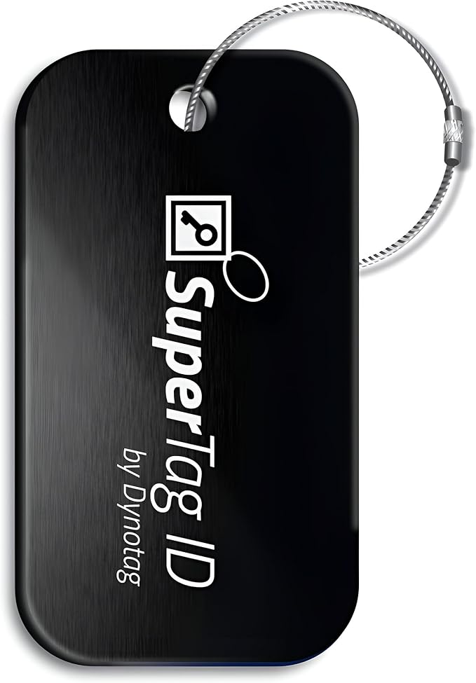 Dynotag® Sentry Series Solid Metal Web Enabled Smart Luggage Tag ID + Steel Loop, Anodized Aluminum with DynoIQ™ & Lifetime Recovery Service (Midnight Black)