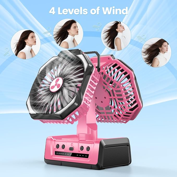 Dual Head Portable Rechargeable Fan 20000mAh Battery Powered Camping Fan Cordless with LED Lantern & Remote, Auto Oscillation, Hook, Battery Operated for Tent Office Travel Picnic Jobsite Orange