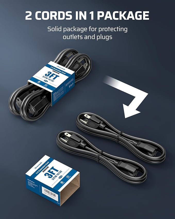 DEWENWILS Extension Cord 3ft, 14/3 SJTW Weatherproof Power Cable for Indoor Use, 3 Prong Heavy Duty Power Cord, NEMA 5-15P to NEMA 5-15R, Black, ETL Listed, 2 Pack