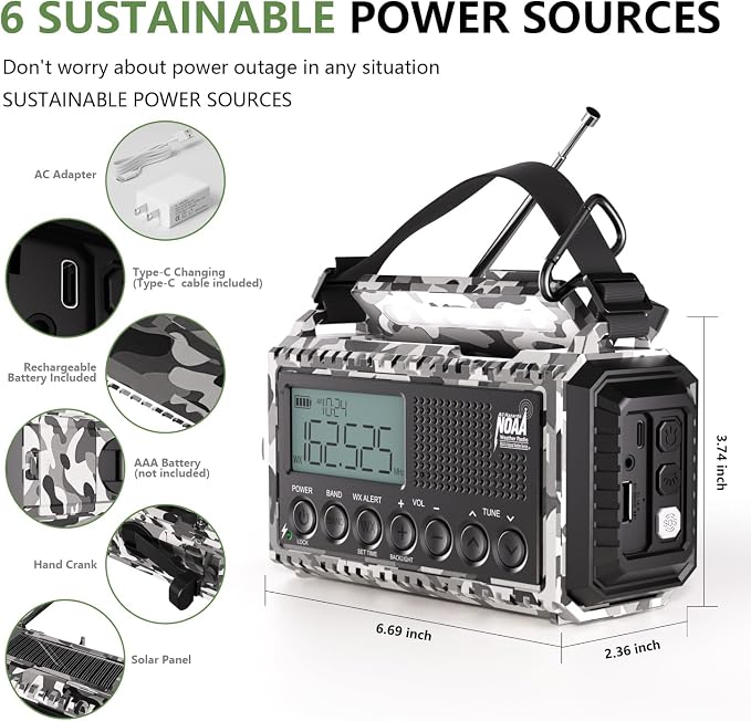 Emergency Radio 12000mAh AUTO NOAA Weather Radio, Solar Hand Crank Portable