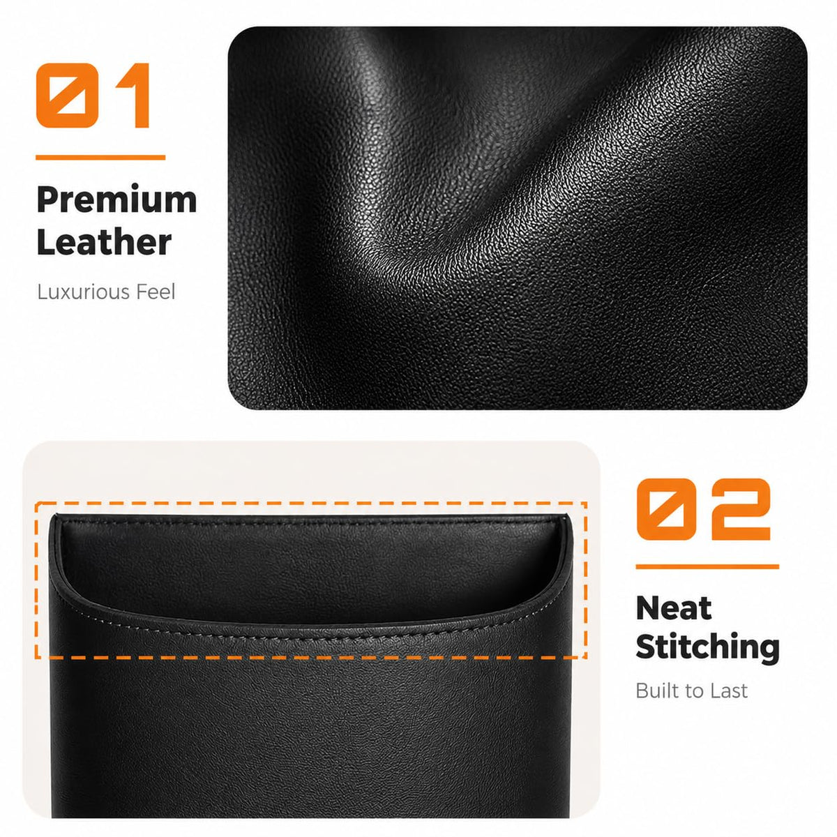 COZILO Leather Car Trash Can – Leakproof & Easy-to-Clean Car Garbage Can for Luxury Cars, SUVs & Trucks | Includes 60 Custom Liners, Secure Hook, Easy Install, Black