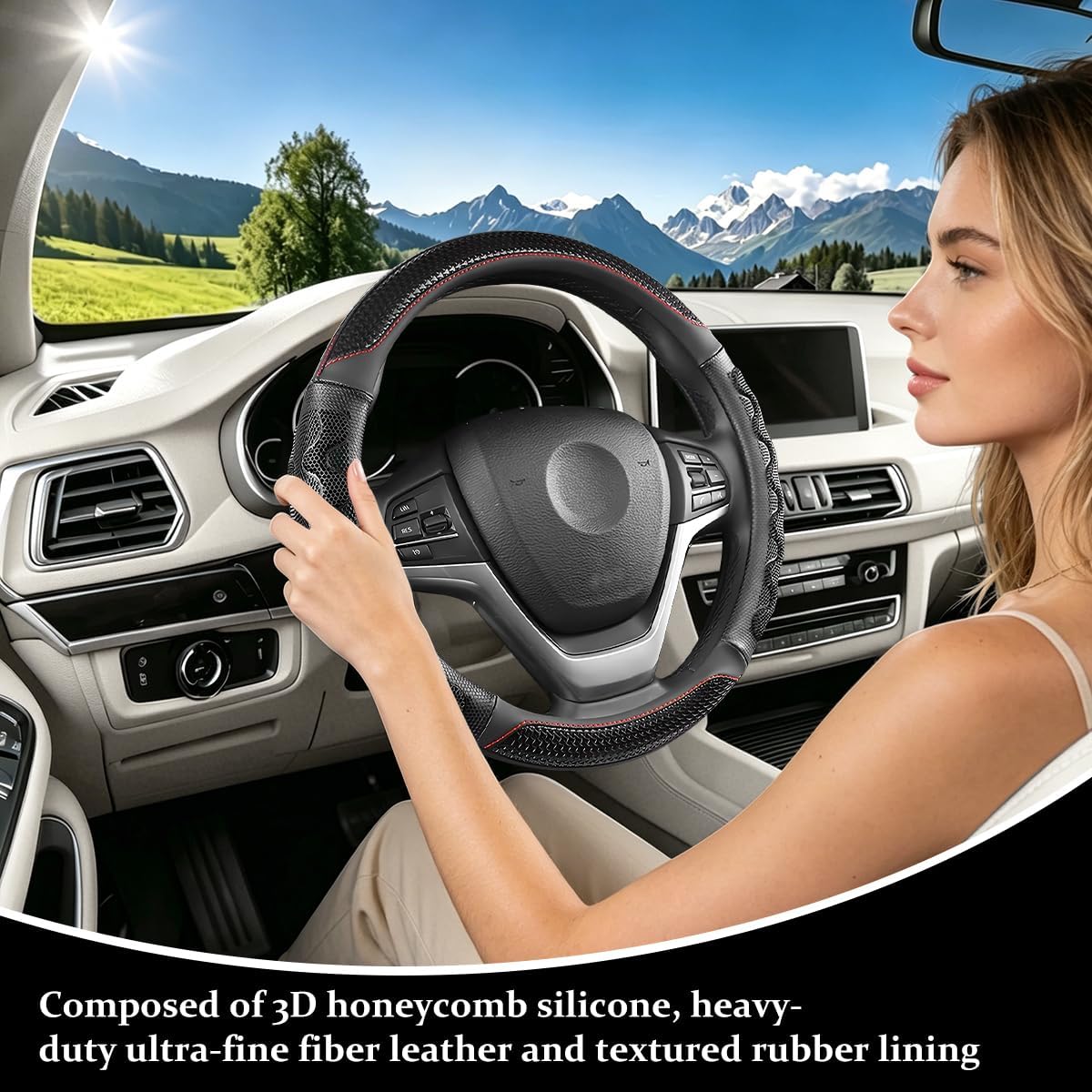 Car Steering Wheel Cover, 3D Honeycomb Anti-Slip Breathable, Black
