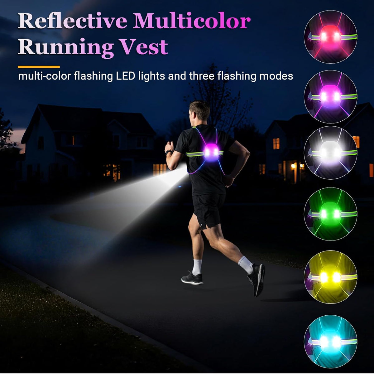 Skiennix Reflective Running Vest - Rechargeable LED Gear with 3 Modes & 7 Colors | Adjustable Safety Vest for Night Running, Cycling, Hiking (Medium)