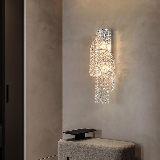 K9 Crystal Chrome Wall Sconces, Adjustable 3-Color LED Wall Light, FixtureVanity Wall Mount Lamps for Living Room Bedroom Bathroom Bedside Hallway Stairway