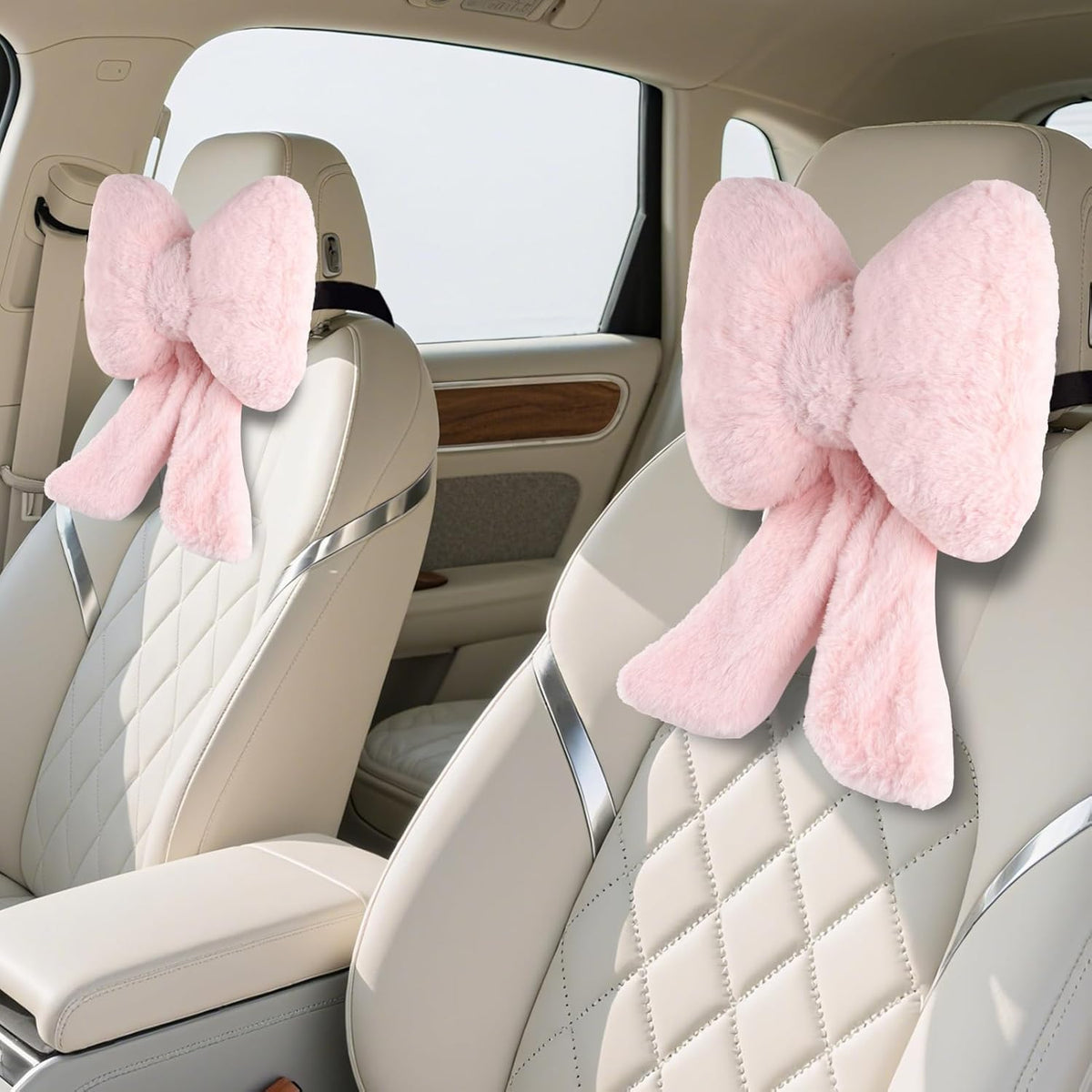 2 Pack Bow Car Headrest Pillow Comfortable Soft Plush Head Rest Cushion, Neck Pillow for Driving Office Use and Car Interior Decoration (Pink Heart)