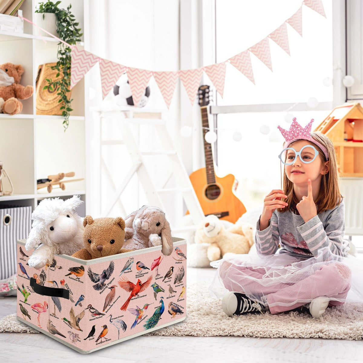 Pink Bird Storage Bin Box with Handles, Bird Lover Watcher Foldable Organizer Basket Toybox for Girls Bedroom Home Bathroom Clothes Toys Books