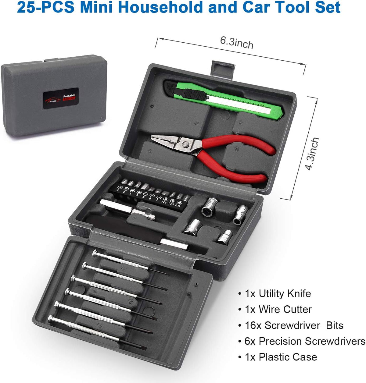 Vetoos Roadside Emergency Car Kit with Jumper Cables, Auto Vehicle Safety Road Side Assistance Kit Essentials, Winter Car Kit for Women and Men, with Mini Car Tool Set, Dial Tire Pressure Gauge