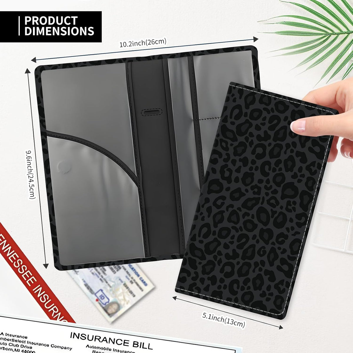 Leather Car Registration and Insurance Card Holder, Cute Car Accessories Vehicle Glove Box Car Organizer for Documents, Cards, License Luxury Black Leopard