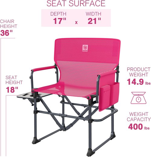 Ever Advanced Camping Directors' Chair - Portable Folding Design with Side Table & Pocket | Heavy Duty, 400lbs, Pink