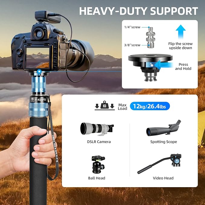 SIRUI P-424FS Carbon Fiber Camera Monopod Kit, 66.3" Heavy Duty Professional
