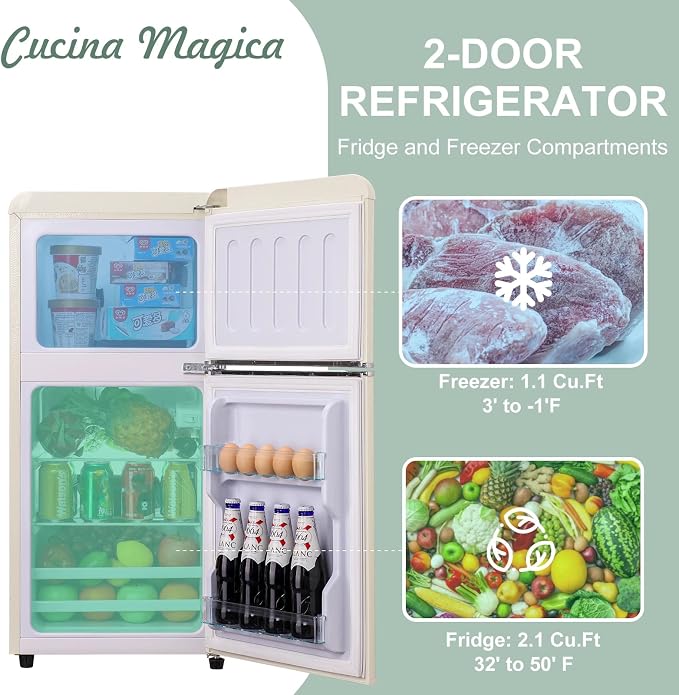 Mini Fridge with Freezer, 3.2 Cu.Ft Retro Double Door Refrigerator with 7 Level Thermostat, Adjustable Removable Glass Shelves for Bedroom Office Apartment Dorm Bar (CREAM, 3.2 Cu.Ft.)