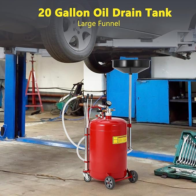 20 Gallon Waste Oil Drain Tank, Oil Drain Extractor, Pneumatic Drainer for Automotive Fluids, Portable Waste Oil Container with Air Operation (20 Gallon-Red-Large)