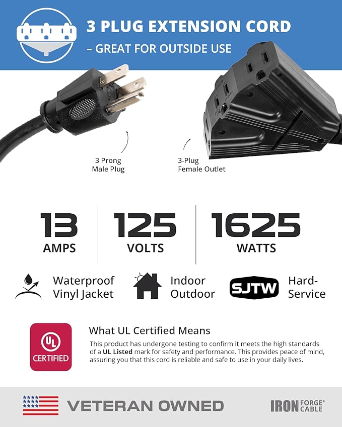 Iron Forge Cable 8 Ft Black Extension Cord with 3 Outlets - 16/3 SJTW 8 Foot Extension Cord 3 Prong, Weatherproof Exterior Power Cable for Outdoor