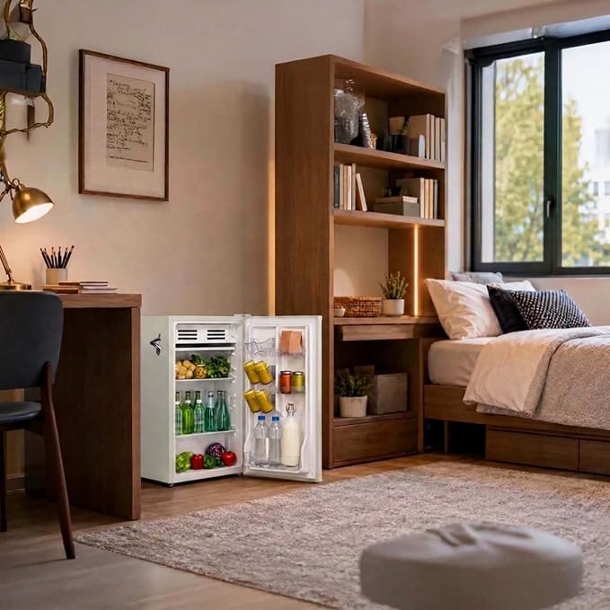 Frigidaire Retro Compact Fridge with Chiller, 3.2 cu ft Countertop Fridge with Built-In Bottle Opener, Compact Refrigerator for Office, Bedroom, Dorm Room or Cabin - 16.5"D x 19"W x 31"H (Moonbeam)