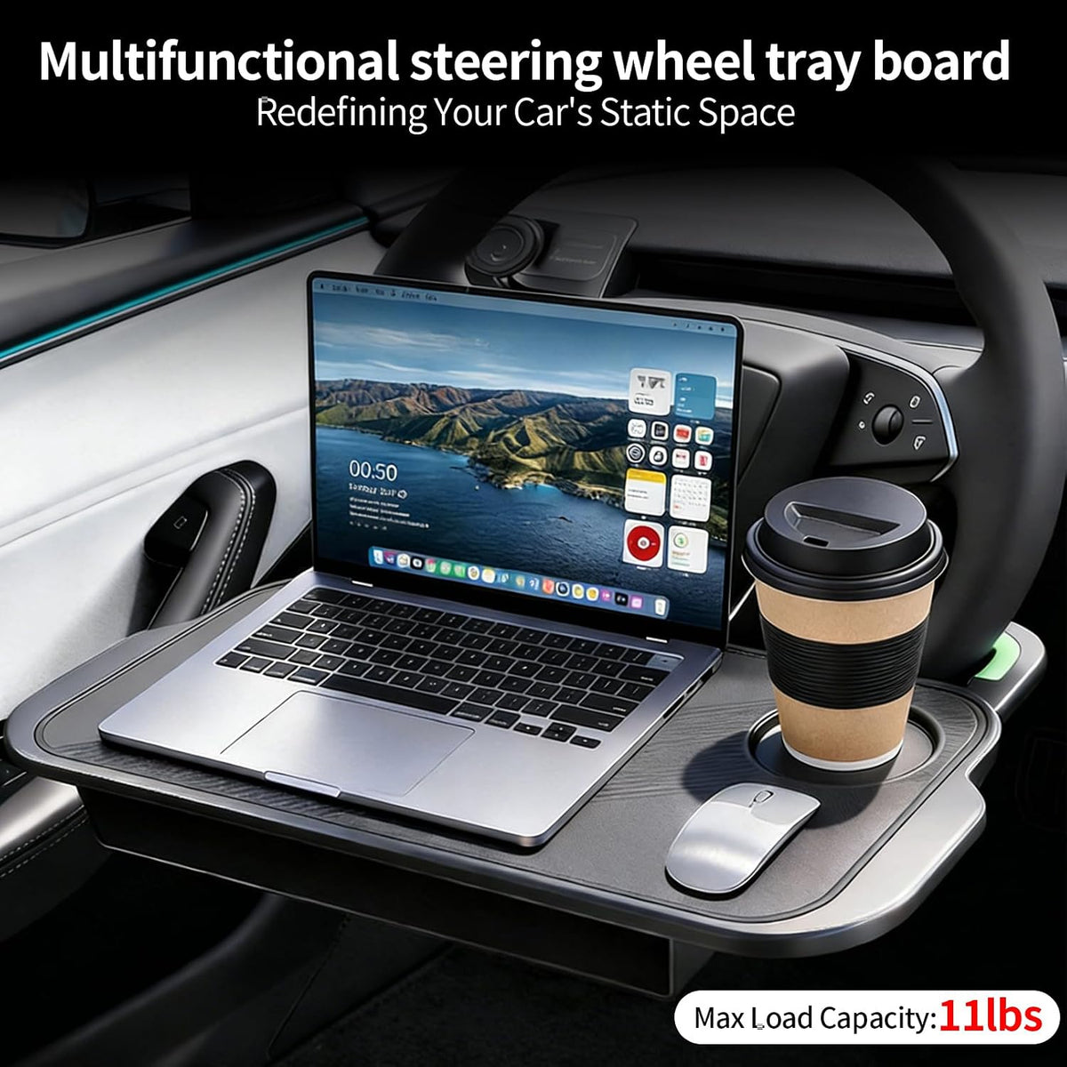 Car Steering Wheel Desk, 2-in-1 Steering Wheel Table &amp; Storage Tray with Cup Holder,ar Seat Gap Filler Organizer, for Standard Round Steering Wheels (Black)