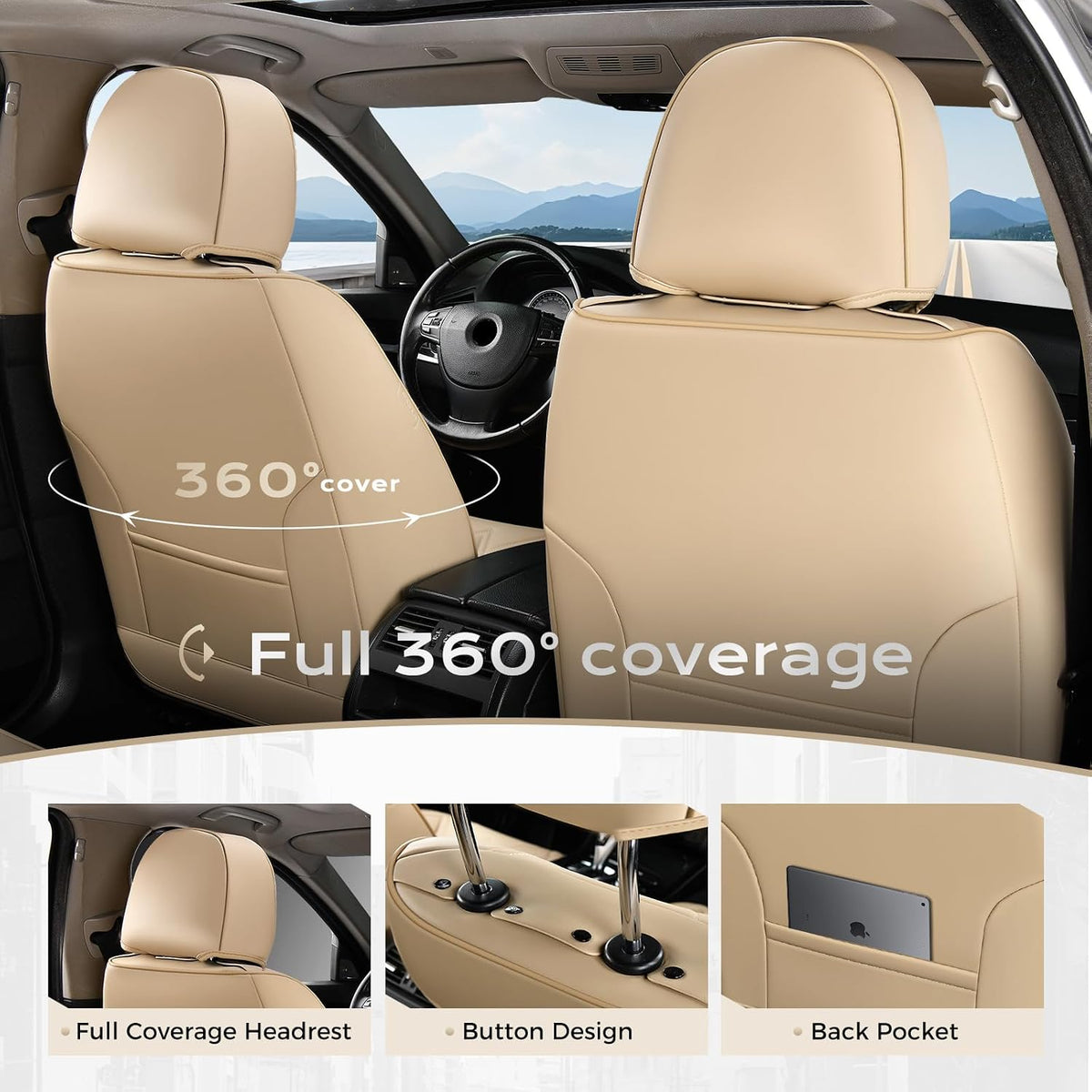 Coverado Car Seat Covers Full Set, Seat Covers for Cars, Front Seat Covers and Back Seat Cover Waterproof Leather Automotive Seat Cover, Universal Car Interior Protectors Cushion for Most Cars