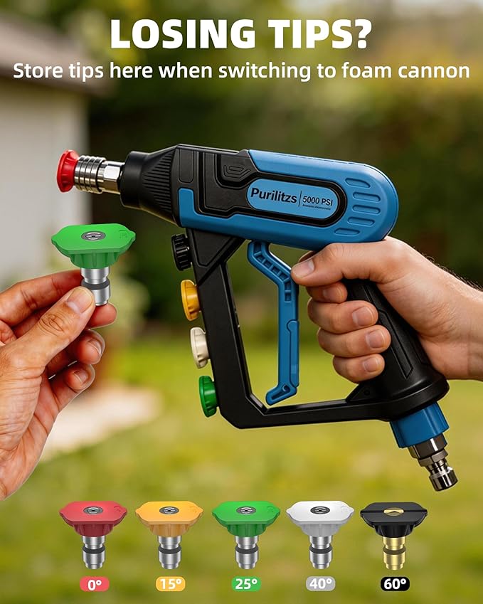 5000 PSI Pressure Washer Gun with Swivel 3/8" Plug & M22 Coupler, Short Power Washing Gun with 5 Nozzle Tips, 1/4" Quick Connect Outlet for Foam Cannon Car Wash