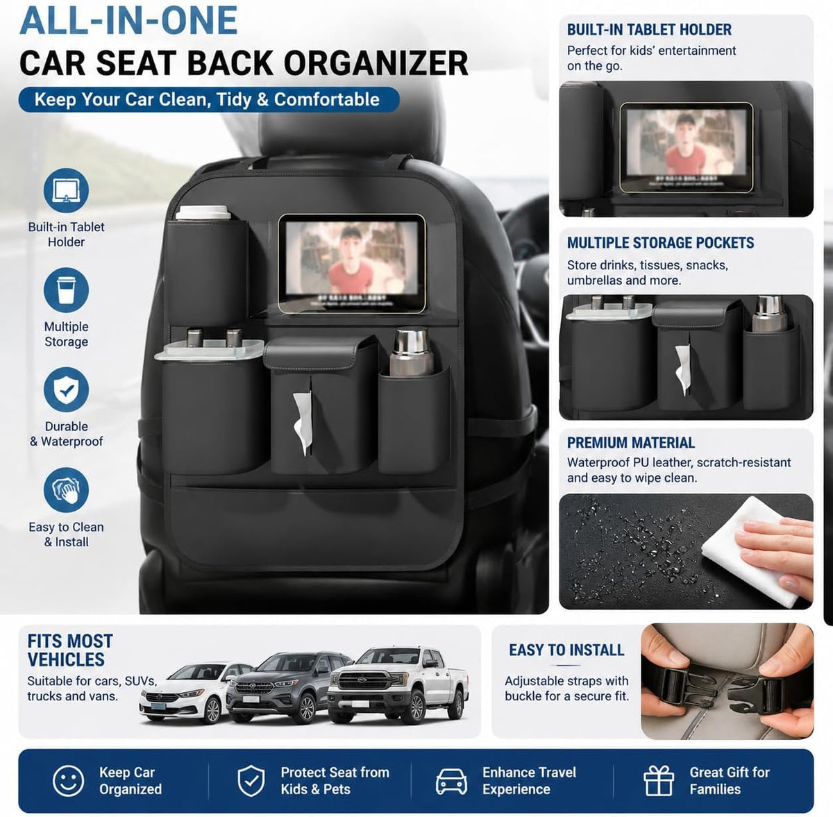XDV Car Seat Organizers,Multi-functional Back Seat Protectors, Storage Pouches Kick Mats,Child kicking prevention and Tray Holders Tissue Box(for Cars, Kids, Seat Back and Rear Seats) (1, Black)