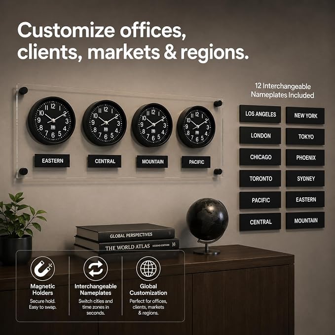 BBHORAIRE Black Time Zone Wall Clock, Silent Quartz Analog World Clock