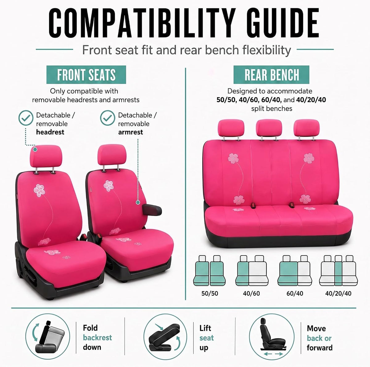 FH Group Full Set Cloth Car Seat Covers - Low Back Front Seat Covers, Universal Fit, Airbag Compatible, Split Bench Rear Seat, Washable Seat Cover for SUV, Sedan, Van, Pink