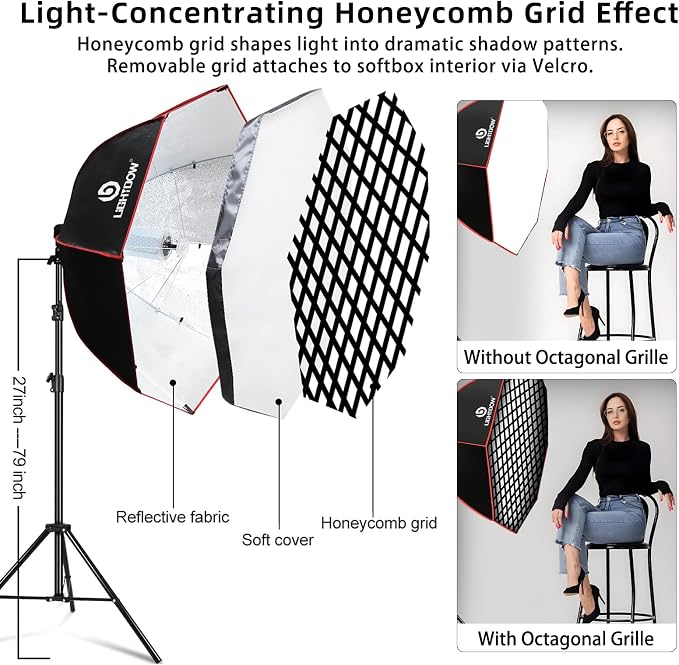Light Box Photography Lighting Kit:37" Octa Softbox, Honeycomb Grid, 110W LED